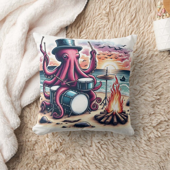 Octopus Drumming by a Beach Campfire at Sunset Throw Pillow (Blanket)