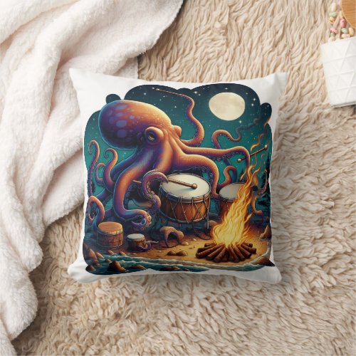 Octopus Drumming By Campfire Under Moonlight Throw Pillow