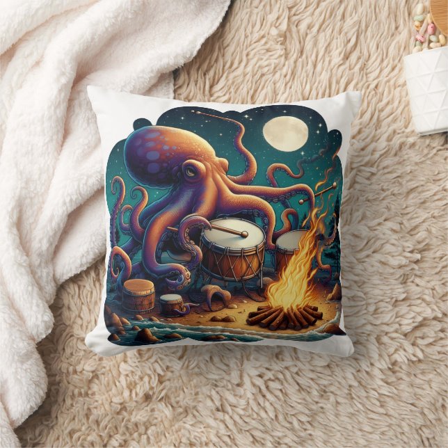 Octopus Drumming By Campfire Under Moonlight Throw Pillow (Blanket)