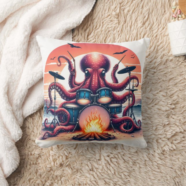 Octopus Drumming by the Beach at Sunset Throw Pillow (Blanket)