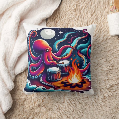 Octopus Drumming by the Campfire Under Moonlight Throw Pillow