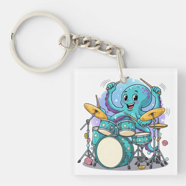 Octopus Drumming Funny Cartoon Octopus Drummer Keychain (Front)