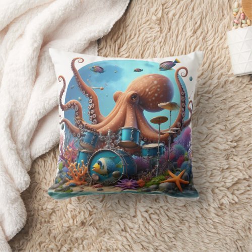 Octopus Drumming With Colorful Fish Throw Pillow