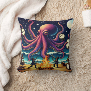 Octopus Drums at Beach Campfire Throw Pillow