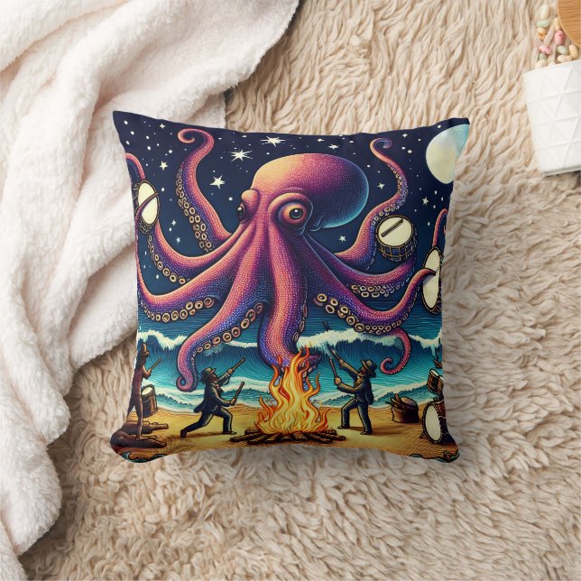 Octopus Drums at Beach Campfire Throw Pillow (Blanket)