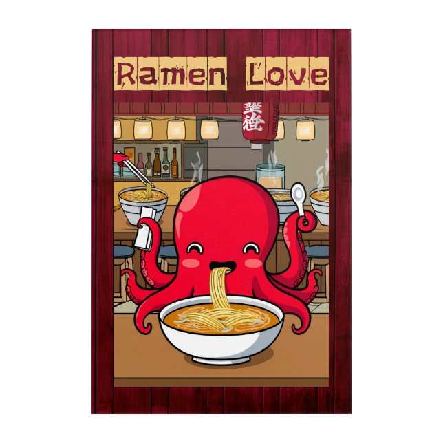 Octopus Eating Ramen in a Japanese Noodle Bar Acrylic Print (Front)