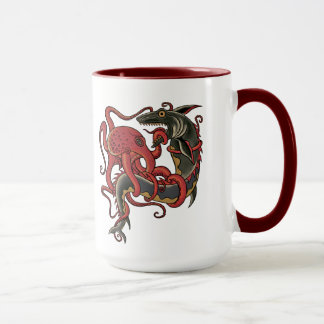 octopus fighting a shark mug