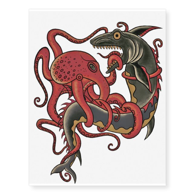 octopus fighting a shark temporary tattoos (Front)