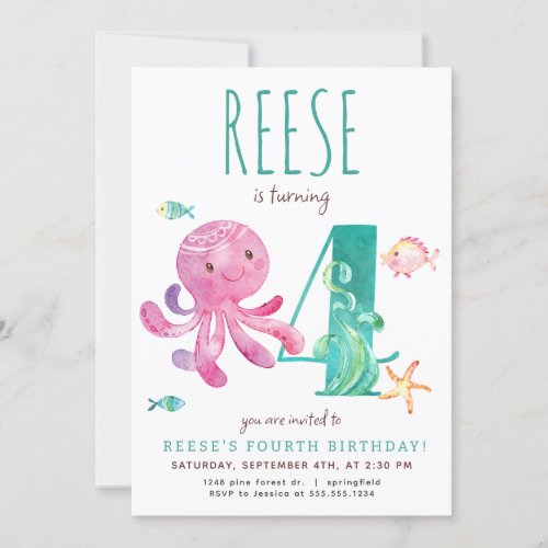 Octopus Fourth Birthday Invitation