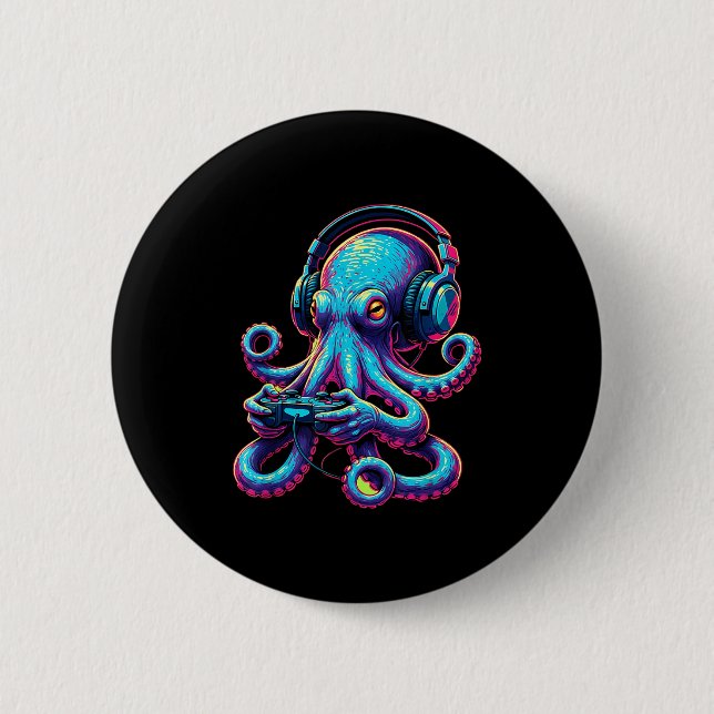 Octopus Gaming Animal Video Games Funny Octopus  Button (Front)