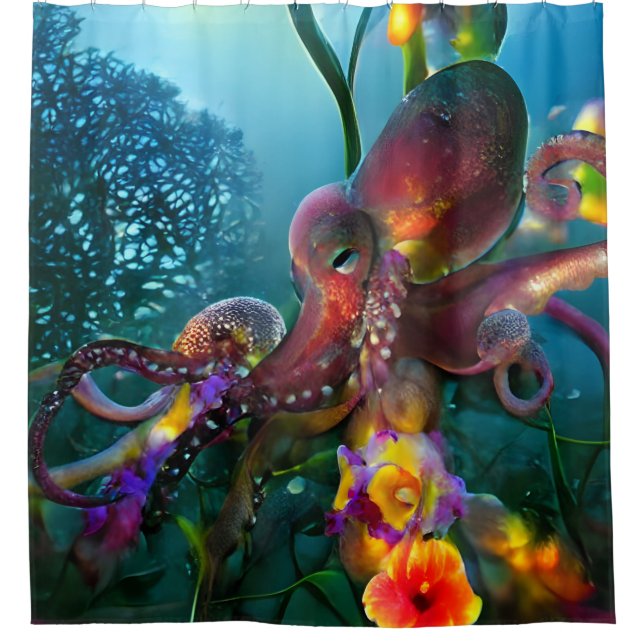 Octopus Garden Colorful Tropical Blue Undersea Shower Curtain (Front)