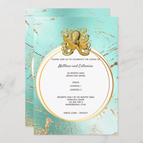 Octopus geometric frame faux gold blue nautical invitation