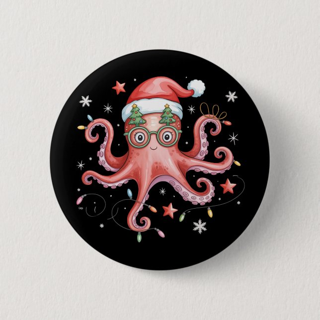 Octopus Glasses Santa Hat Christmas Light Ocean  Button (Front)