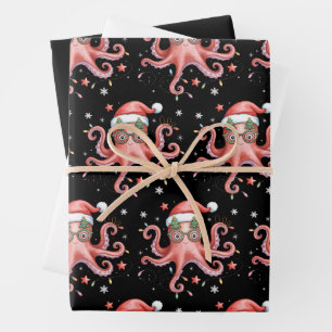 Octopus Glasses Santa Hat Christmas Light Ocean Wrapping Paper Sheets
