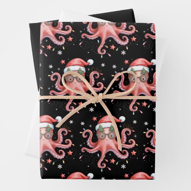 Octopus Glasses Santa Hat Christmas Light Ocean  Wrapping Paper Sheets (In situ)