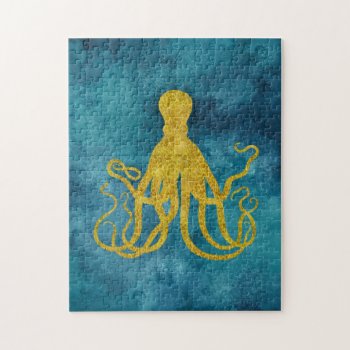 Octopus Gold Leopard Skin Print | Teal Aqua Blue Jigsaw Puzzle by SilverSpiral at Zazzle