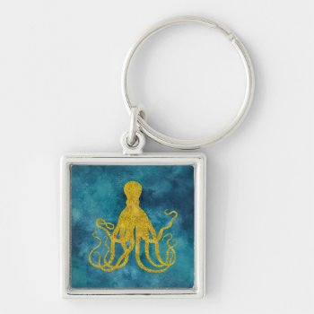 Octopus Gold Leopard Skin Print | Teal Aqua Blue Keychain by SilverSpiral at Zazzle