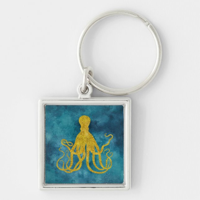 Octopus Gold Leopard Skin Print | Teal Aqua Blue Keychain (Front)