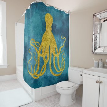 Octopus Gold Leopard Skin Print | Teal Aqua Blue Shower Curtain by SilverSpiral at Zazzle