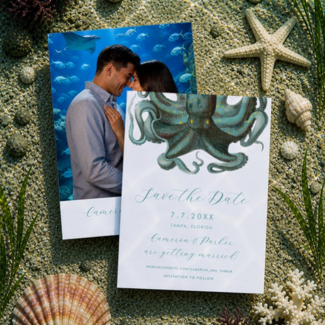 Octopus Green Aquarium Wedding Save The Date (Green Octopus Aquarium Wedding Save The Date for an Under the Sea theme wedding by Concertina Press)