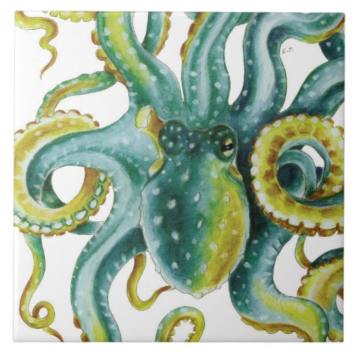 Octopus Green Tentacles Watercolor Art Ceramic Tile