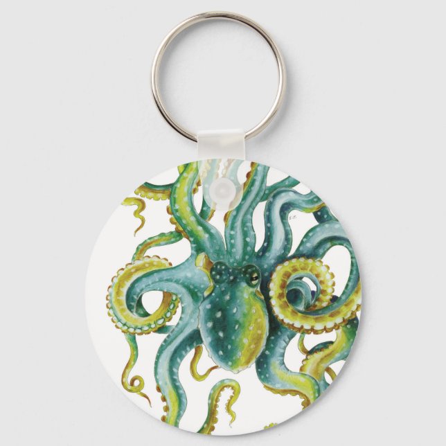Octopus Green Watercolor Art Keychain (Front)