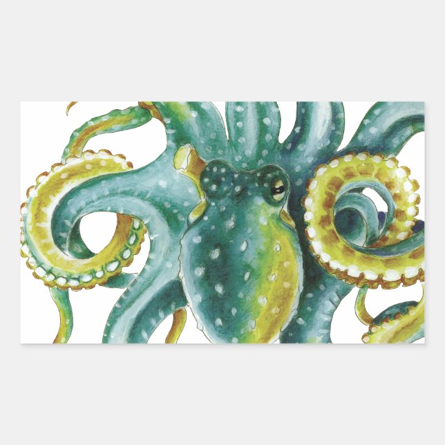 Octopus Green Watercolor Art Rectangular Sticker (Front)