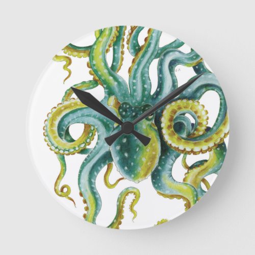 Octopus Green Watercolor Art Round Clock