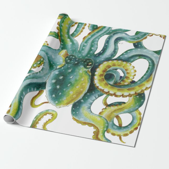 Octopus Green Watercolor Art Wrapping Paper (Unrolled)