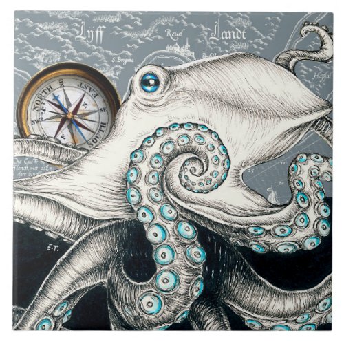 Octopus Grey Compass Vintage Map Ink Ceramic Tile