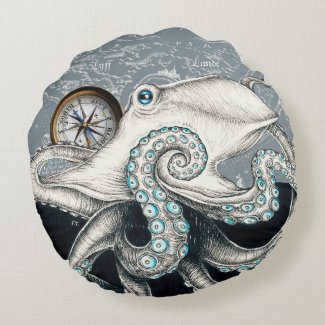 Octopus Grey Compass Vintage Map Ink