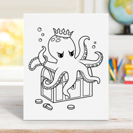 Octopus Guarding Treasure Chest Coloring Page Poster