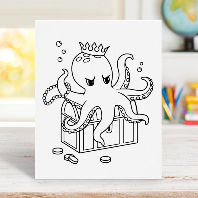 Octopus Guarding Treasure Chest Coloring Page Poster (Creator Uploaded)