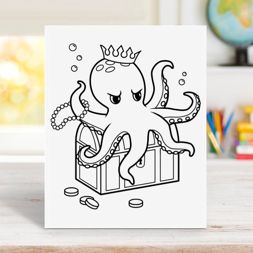Octopus Guarding Treasure Chest Coloring Page Rubber Stamp