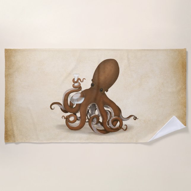 Octopus Holding Glass Flask Chemistry Steampunk Beach Towel (Front)