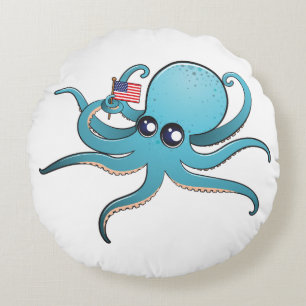 Octopus Holding The American Flag Round Pillow