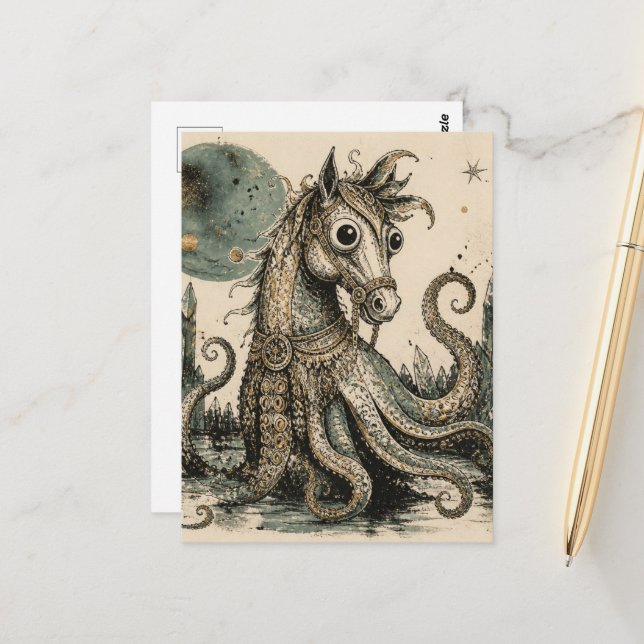 Octopus Horse Hybrid Creature Fantasy Art Postcard (Front/Back In Situ)