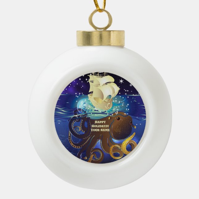 Octopus Huge and Caravella Ceramic Ball Christmas Ornament (Front)