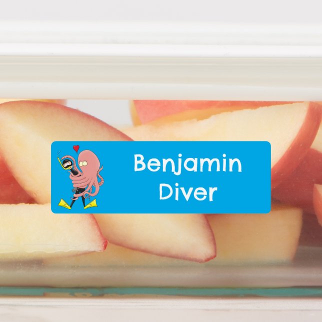 Octopus hugs diver cartoon humour personalized labels (Affixed)