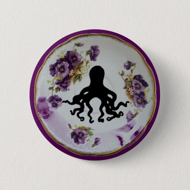 Octopus in a Teacup Saucer ~ Pin Badge Button (Front)