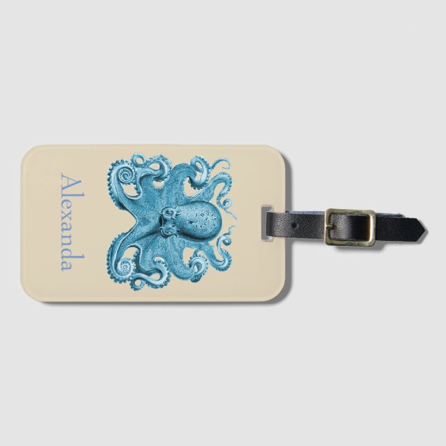 Octopus in blue and tan Personalized Luggage Tag (Front Horizontal)