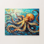 Octopus in Swirling Ocean Oil Painting Jigsaw Puzzle<br><div class="desc">A vibrant octopus stretches its tentacles through a dynamic underwater world,  painted in bold,  textured oil strokes. The swirling composition and rich orange-blue palette evoke motion,  mystery,  and marine elegance.</div>