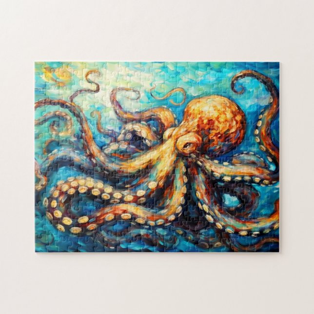 Octopus in Swirling Ocean Oil Painting Jigsaw Puzzle (Horizontal)