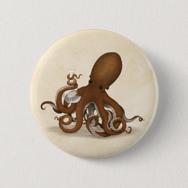 Octopus in the Laboratory Whimsical Steampunk Button (Front)