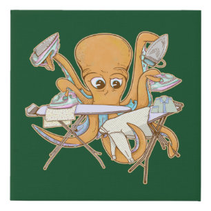 Octopus ironing, overwhelmed by chores. faux canvas print