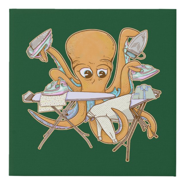 Octopus ironing, overwhelmed by chores. faux canvas print (Front)