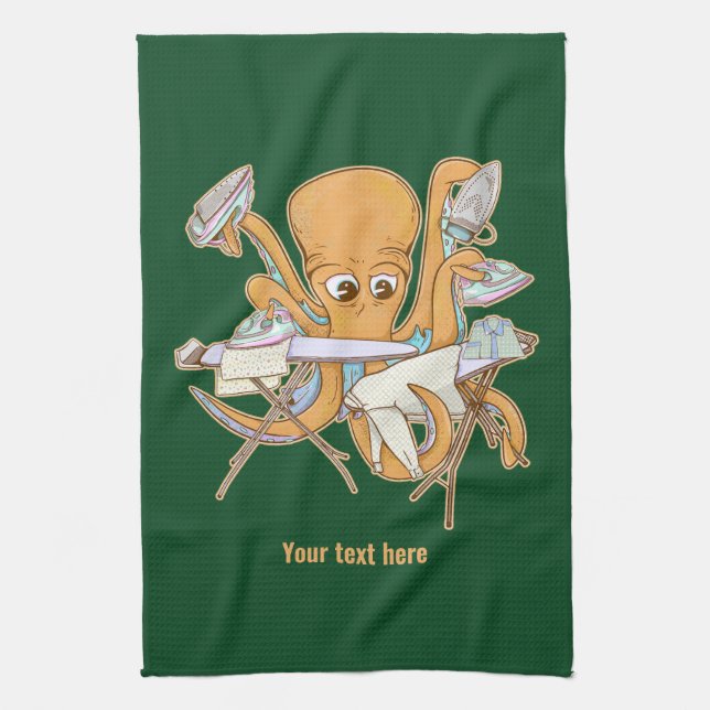 Octopus ironing, overwhelmed by chores. kitchen towel (Vertical)