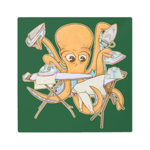 Octopus ironing, overwhelmed by chores. metal print