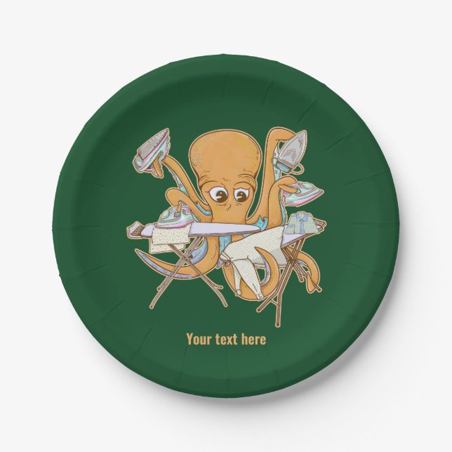 Octopus ironing, overwhelmed by chores. paper plates (Front)