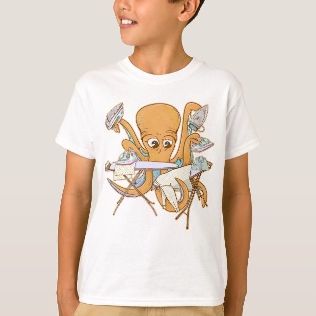 Octopus ironing, overwhelmed by chores. T-Shirt (Front)